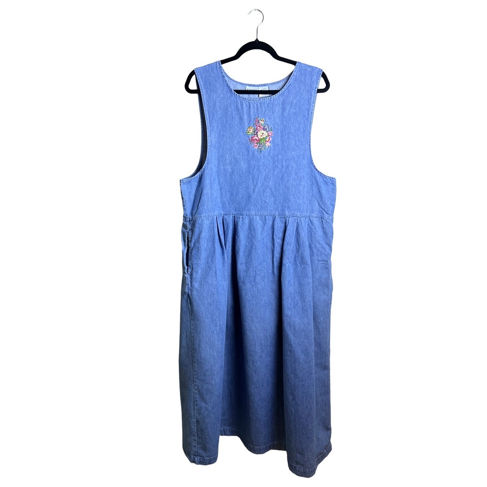 Vintage 90s Floral Embroidered Denim Grandmacore Pinafore Jumper Dress Size L